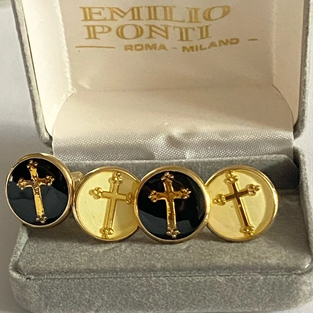 Emilio Ponti Roma Milano Gold and Black Budded Cross 2 Set of Cufflinks In Box
